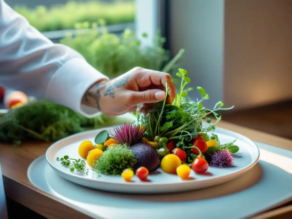 Un chef vegetariano francés crea platos vegetarianos estilo francés con elegancia y precisión