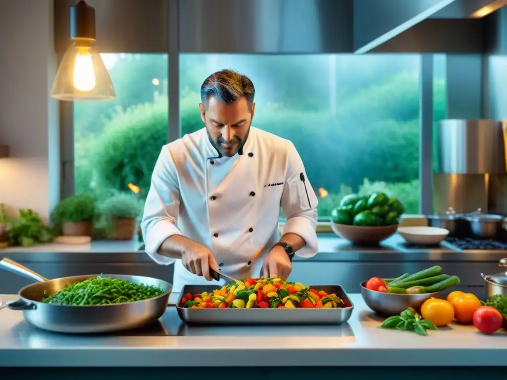 Un chef vegetariano francés prepara ratatouille en una cocina bulliciosa con ingredientes tradicionales