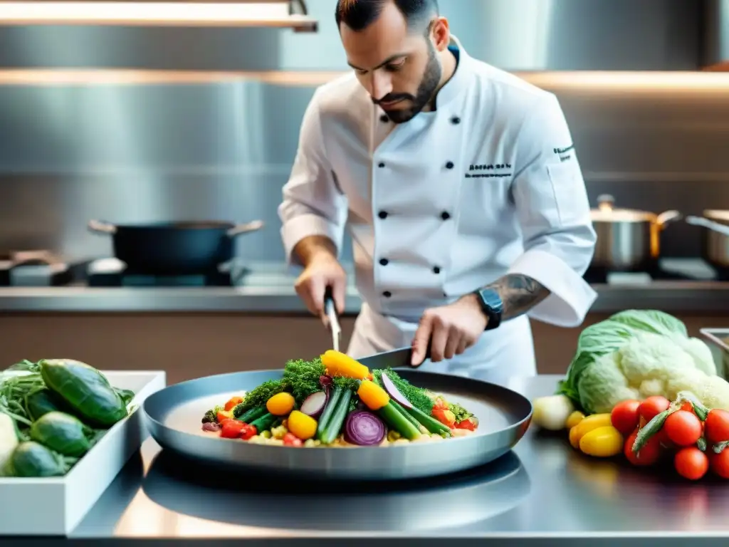 Chef francés cortando verduras heirloom en cocina moderna, reflejando la pasión por la gastronomía francesa