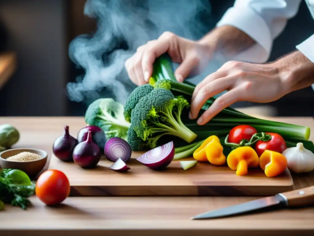 Un chef corta hábilmente verduras coloridas en una tabla de madera, demostrando la filosofía culinaria francesa de reducción