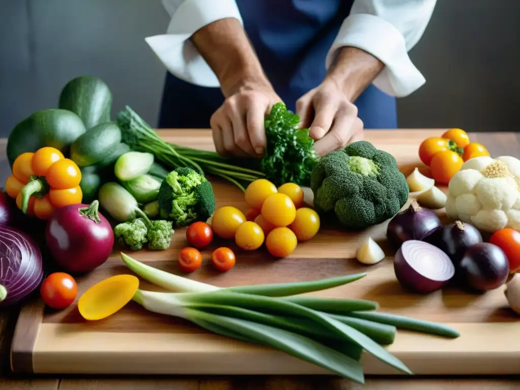 Un chef pelando habilidosamente verduras coloridas sobre una tabla de madera rústica