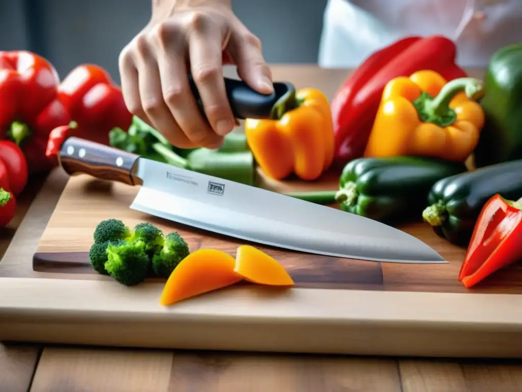 Un chef cortando verduras con precisión y destreza usando un cuchillo Santoku japonés