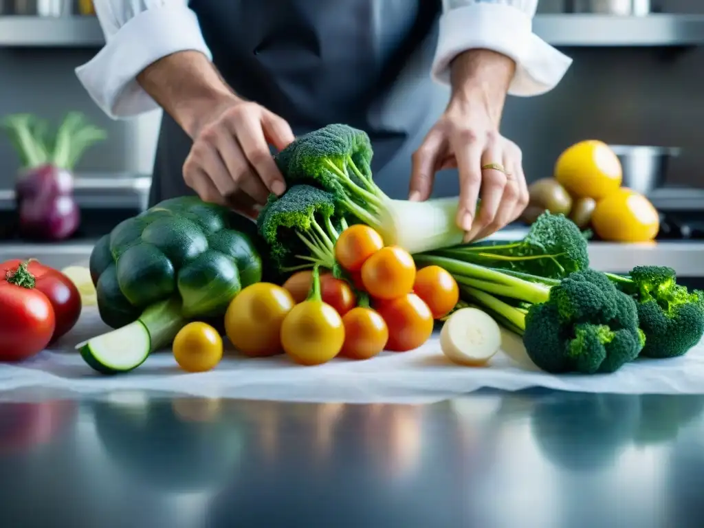 Un chef sella con precisión verduras frescas en bolsas al vacío, destacando frescura y técnica culinaria