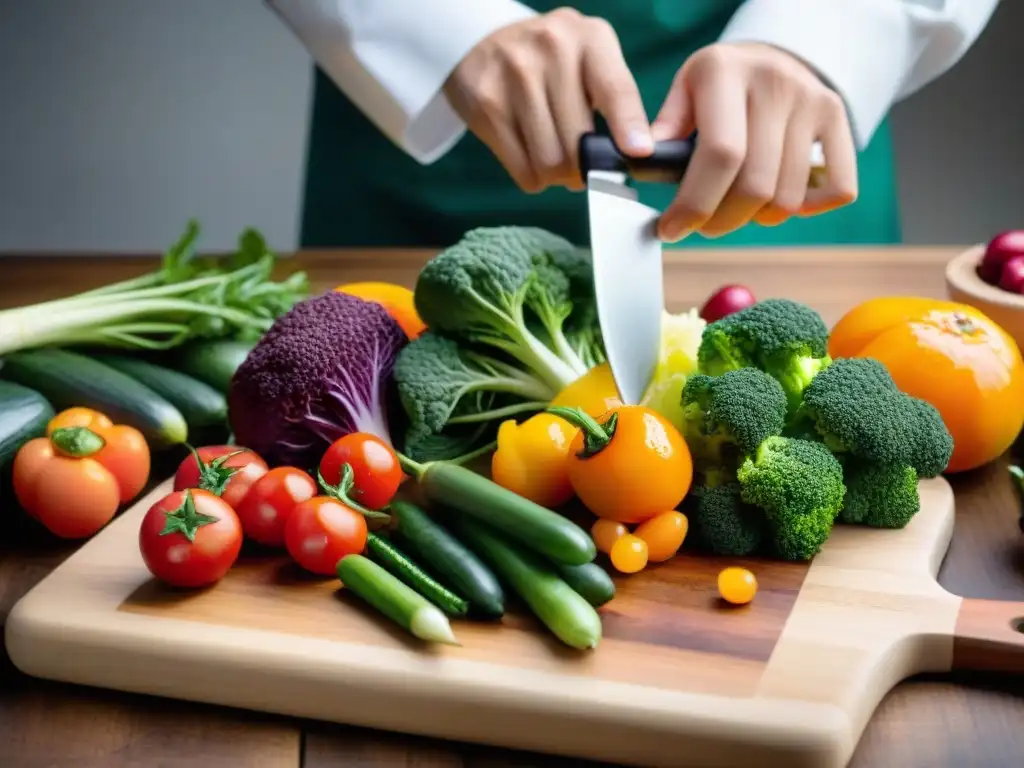 Chef preparando verduras frescas para cocina francesa sostenible sin carne