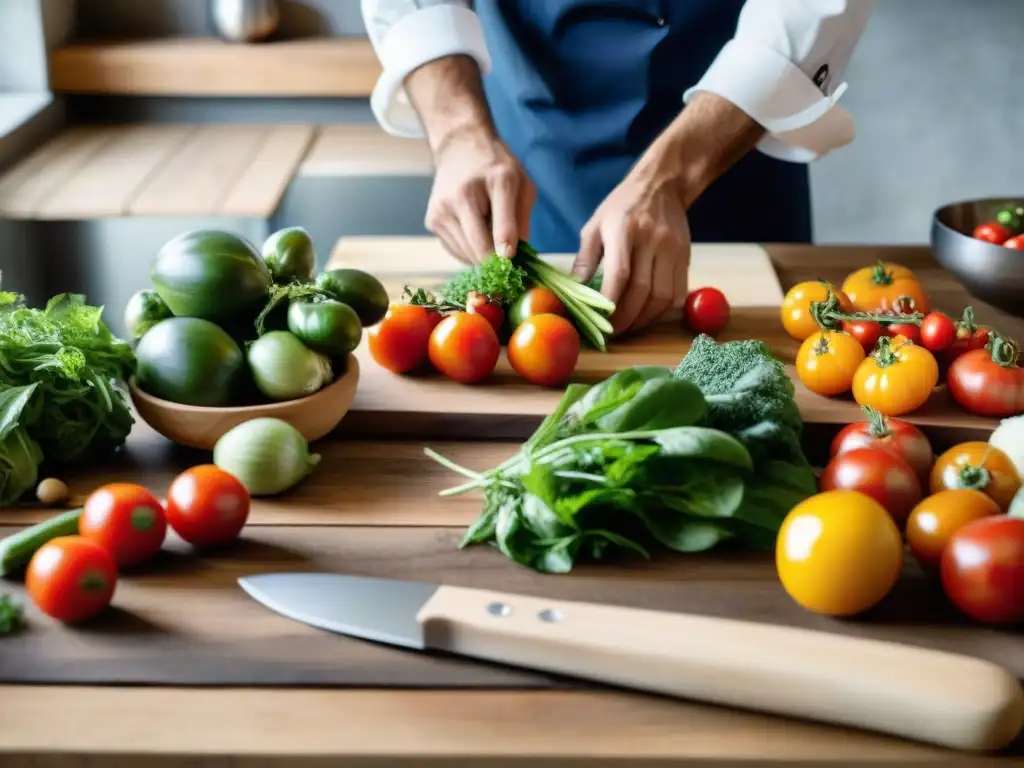 Un chef francés arregla verduras frescas en una cocina organizada, aplicando la permacultura en la gastronomía francesa