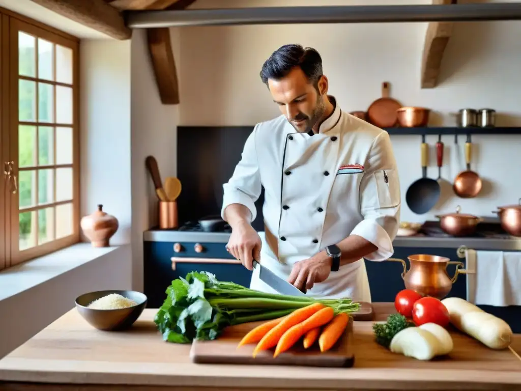 Un chef cortando verduras frescas en una cocina francesa rústica con tablas de cortar, utensilios culinarios y encanto campestre