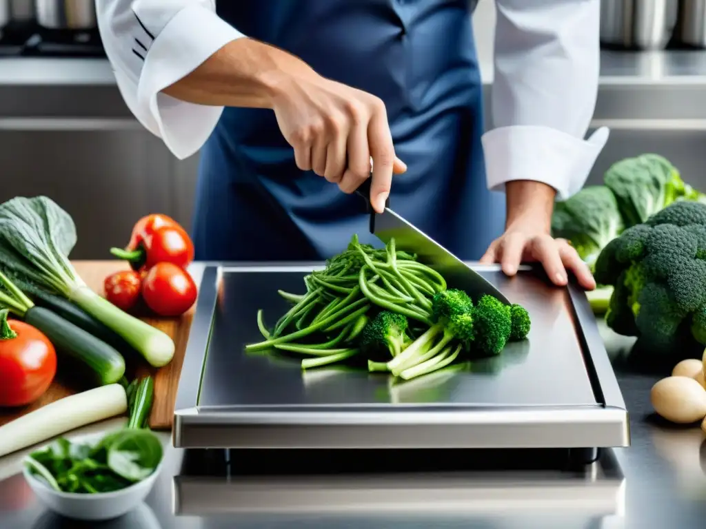 Un chef francés corta expertamente verduras frescas con un procesador de alimentos, en una cocina profesional