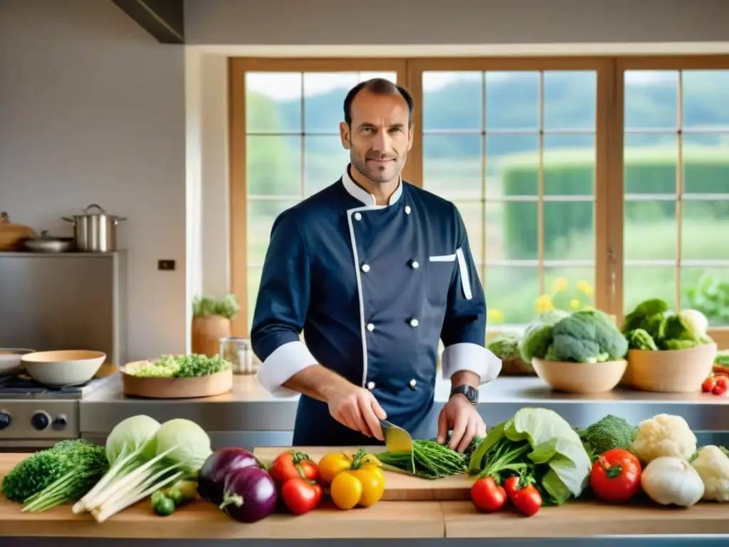 Un chef francés prepara verduras orgánicas en una cocina rústica, destacando la cocina sostenible estilo francés