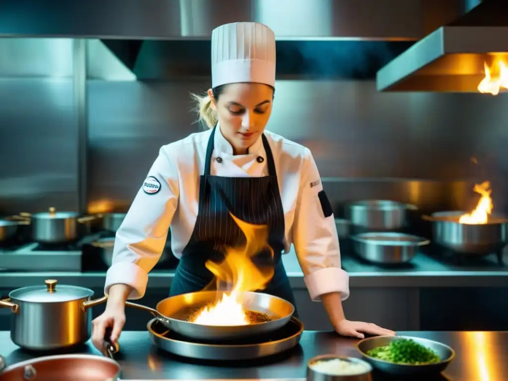 Chef Hélène Darroze en acción: cocina estrellada en París Chef Hélène Darroze en su vibrante restaurante con estrella Michelin en París, mostrando su pasión por la gastronomía francesa