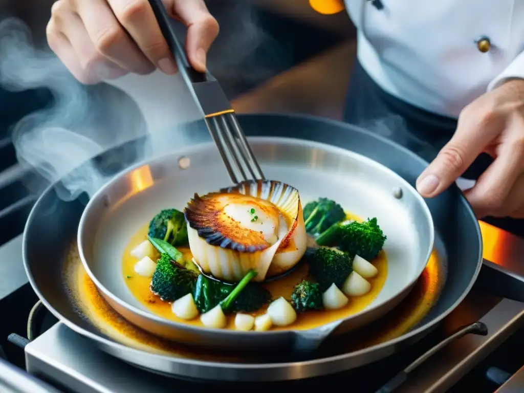 Chef dorando una vieira en una sartén, destacando la caramelización dorada en la superficie