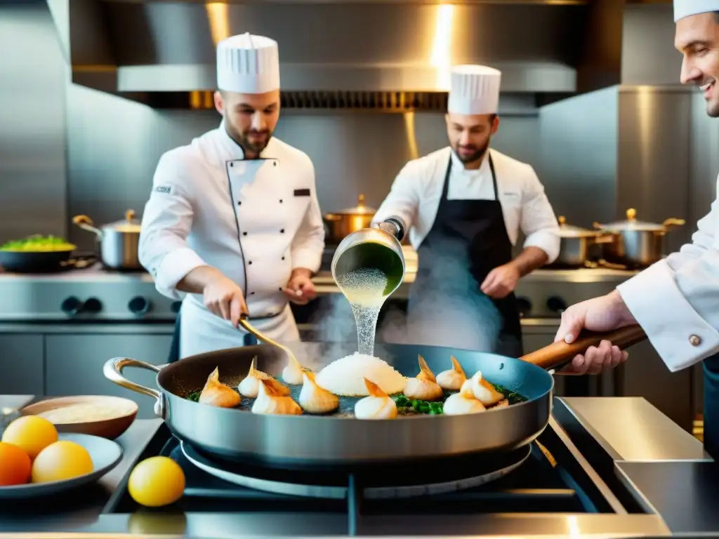 Un chef vierte champán en vieiras en una cocina francesa, integrando champán en recetas francesas