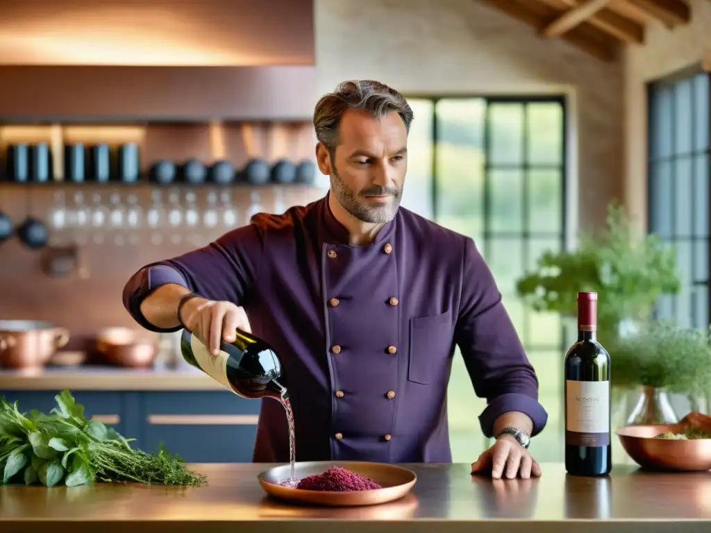 Un chef francés vierte vino biodinámico en copa elegante, rodeado de utensilios de cocina