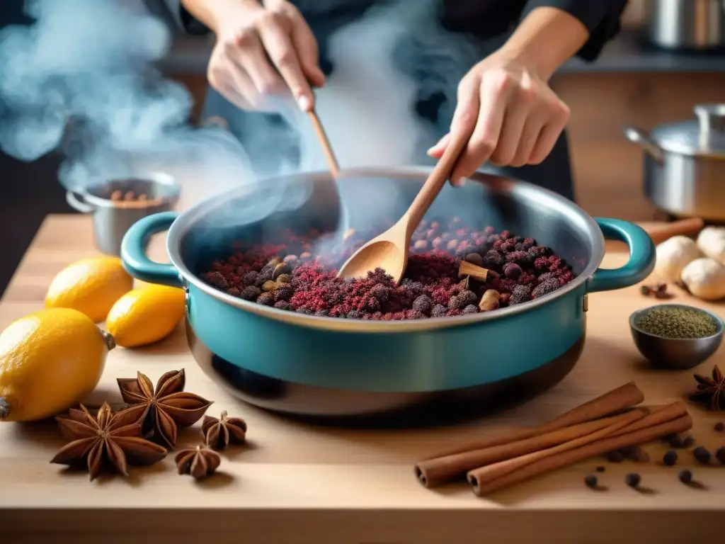 Un chef prepara vino caliente con especias en una cocina alsaciana, destacando el uso de especias en Alsacia