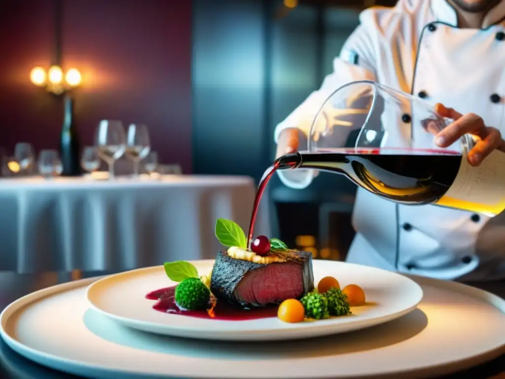 Chef francés vierte vino en copa, con exquisita comida de fondo