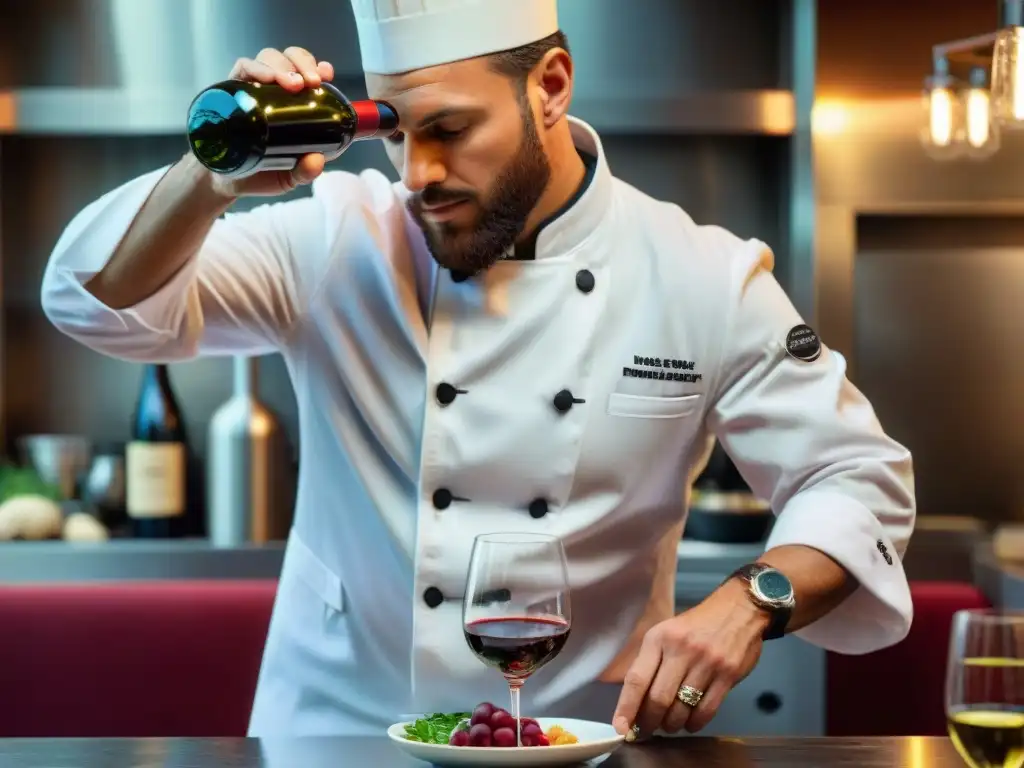 Un chef francés vierte vino orgánico en una copa en una cocina ecofriendly, reflejando la elegancia de la cocina francesa