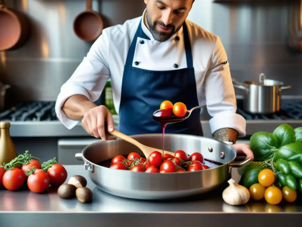 Un chef francés vierte vino orgánico en una olla con tomates, hierbas y champiñones