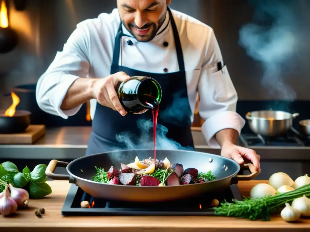 Un chef francés vierte vino tinto en una sartén con chalotes, ajo y hierbas frescas, creando una explosión de aroma