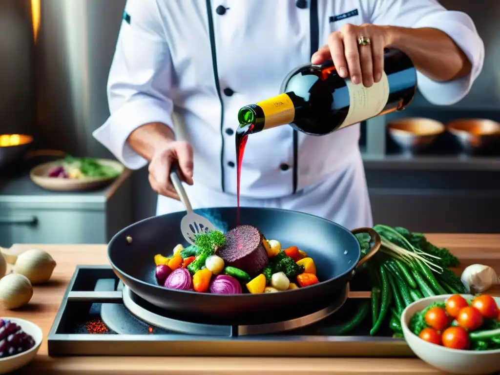 Un chef vierte vino en una sartén con vegetales, en un concurso de cocina con vino