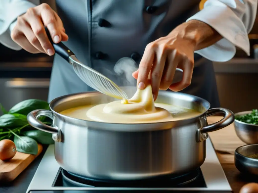 Un chef whisking una salsa bechamel vegana con destreza en la cocina, creando salsas francesas veganas caseras