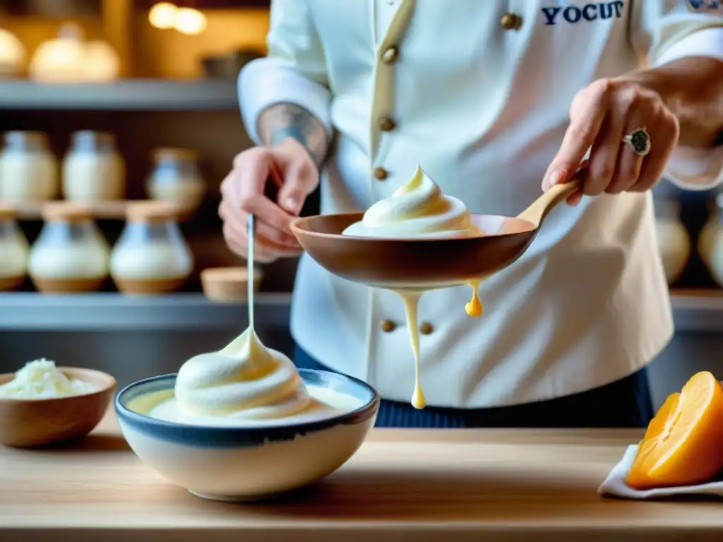 Un chef francés remueve yogur fresco en un bullicioso mercado, capturando la revolución de los yogures y kéfirs en Francia