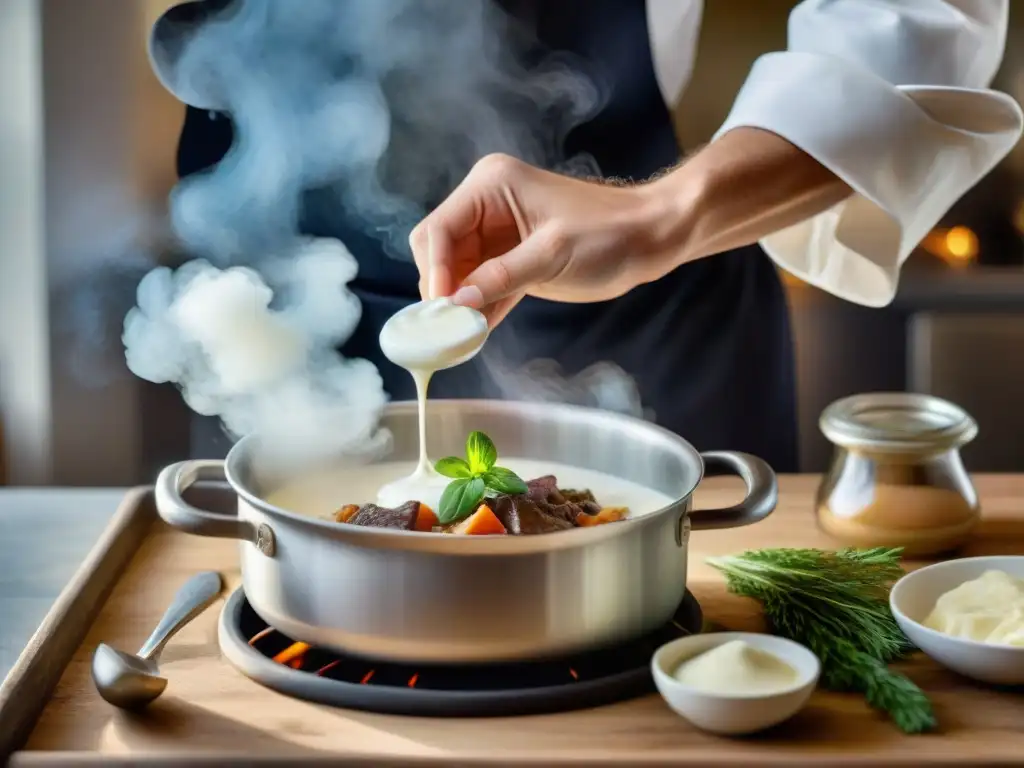 Un chef francés mezcla yogurt y kéfir en un plato clásico en una cocina acogedora, captando la esencia de 'Yogures y kéfirs en Francia'