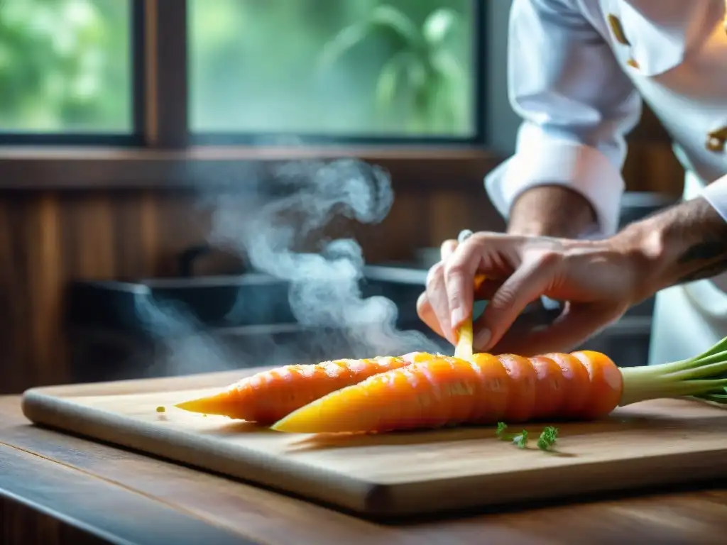 Un chef francés pela una zanahoria con destreza, en un ambiente culinario auténtico