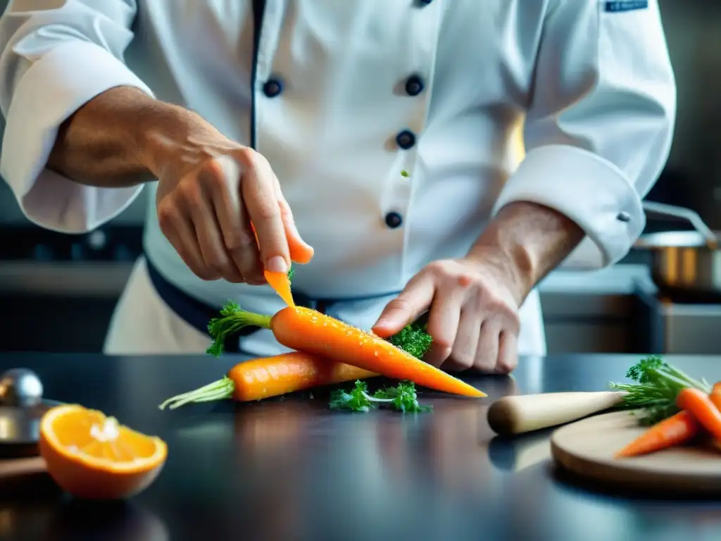 Un chef pelando una zanahoria con precisión, mostrando las técnicas para aprovechar ingredientes franceses