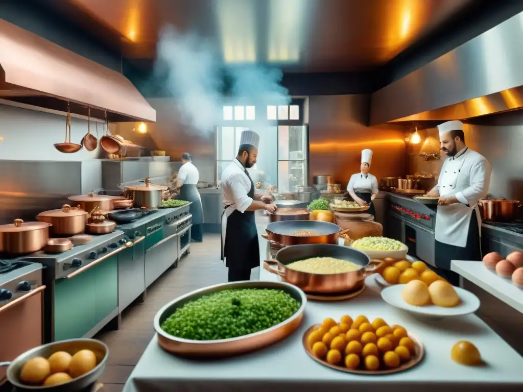 Chefs preparando un banquete en cocina francesa del siglo XX, detalles culinarios