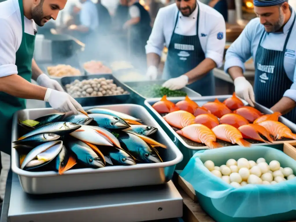 Chefs preparando Bouillabaisse receta tradicional adaptada con mariscos locales en mercado junto al mar