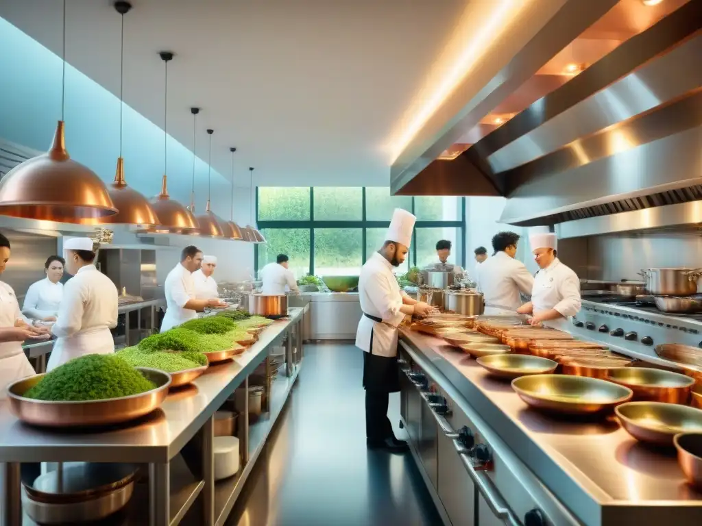 Chefs en una bulliciosa cocina de una prestigiosa escuela de cocina en Francia, preparando exquisitos platos franceses