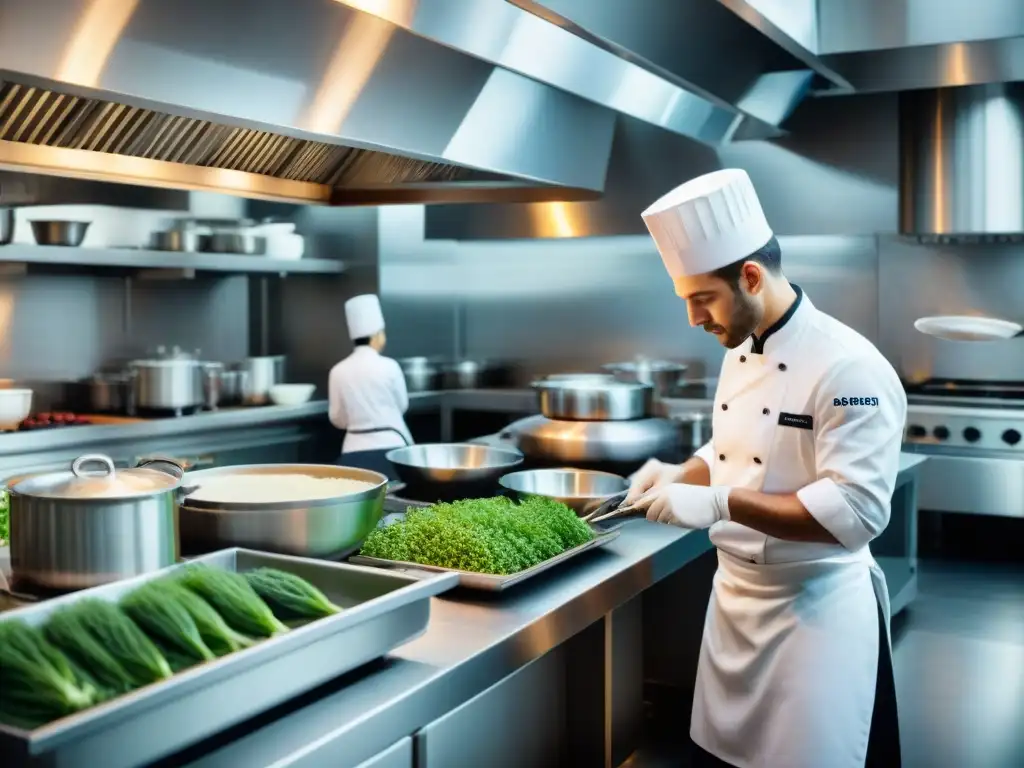 Chefs en un bullicioso restaurante francés sostenible innovador, preparando platos con ingredientes orgánicos locales