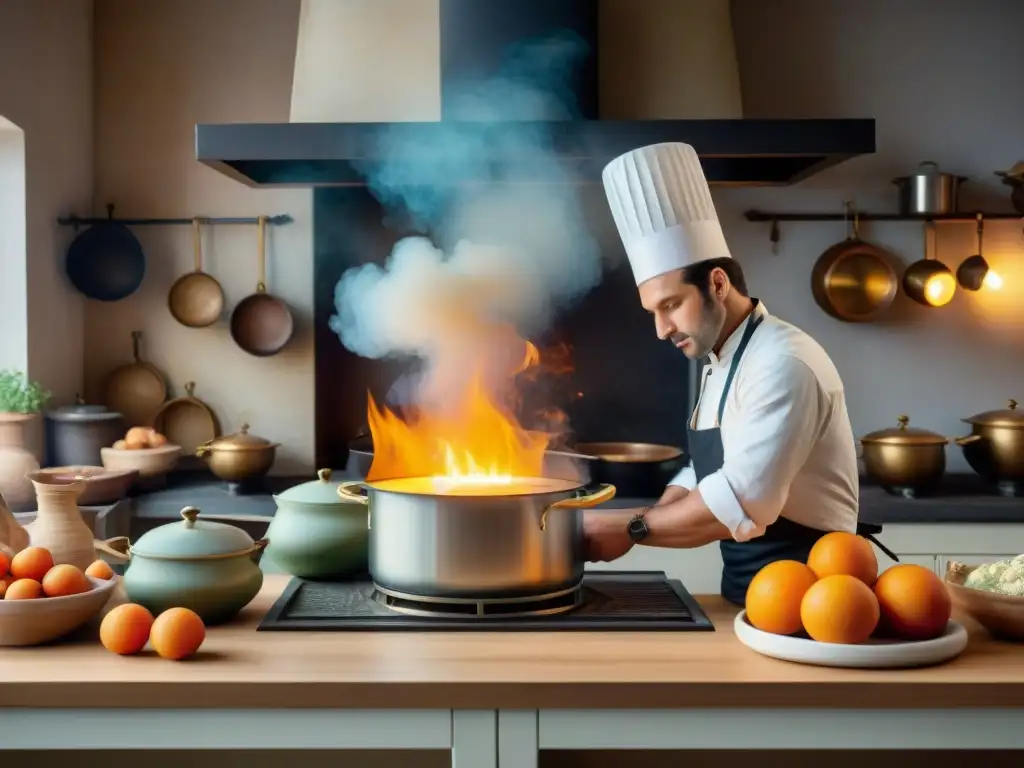 Los chefs de la cocina francesa del siglo XIX preparan exquisitas delicias con maestría en un ambiente bullicioso y detallado