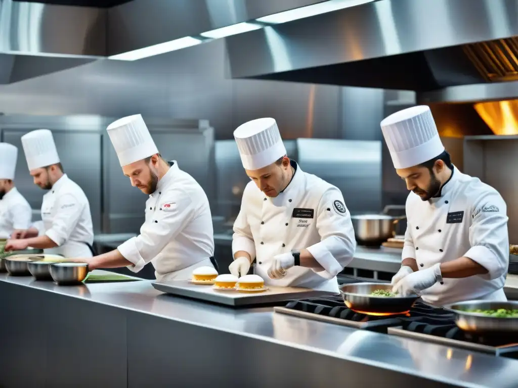 Chefs en competencia de cocina clásica francesa, mostrando destreza y tensión en un ambiente de alta competición culinaria