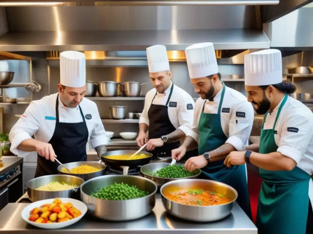 Chefs de diversas culturas crean platos franceses en una cocina bulliciosa, representando la diversidad en la gastronomía