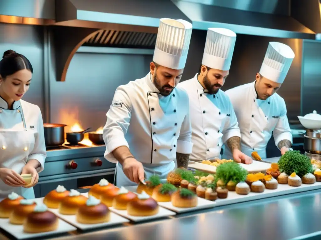 Chefs expertos preparando platos franceses en una cocina elegante