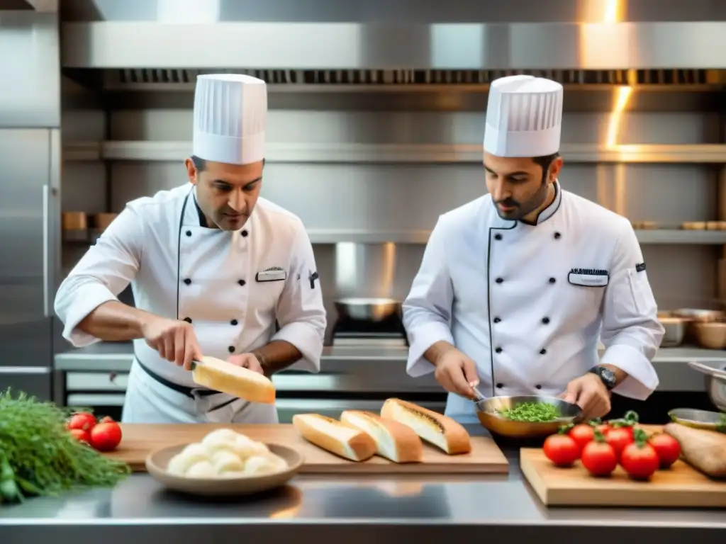 Dos chefs, francés e italiano, crean juntos innovaciones culinarias francesas influenciadas por Italia en animada cocina