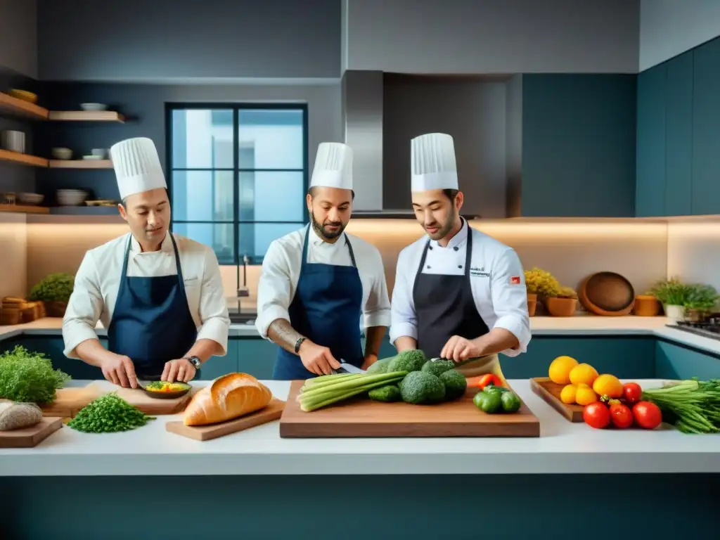 Dos chefs, uno francés y otro japonés, cocinando juntos en una cocina moderna con ingredientes tradicionales