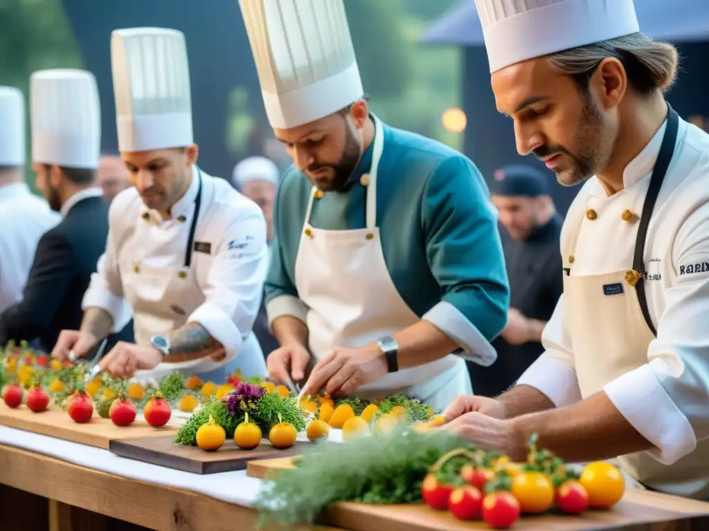 Chefs franceses en festival gastronómico en Francia, creando alta cocina con precisión y pasión