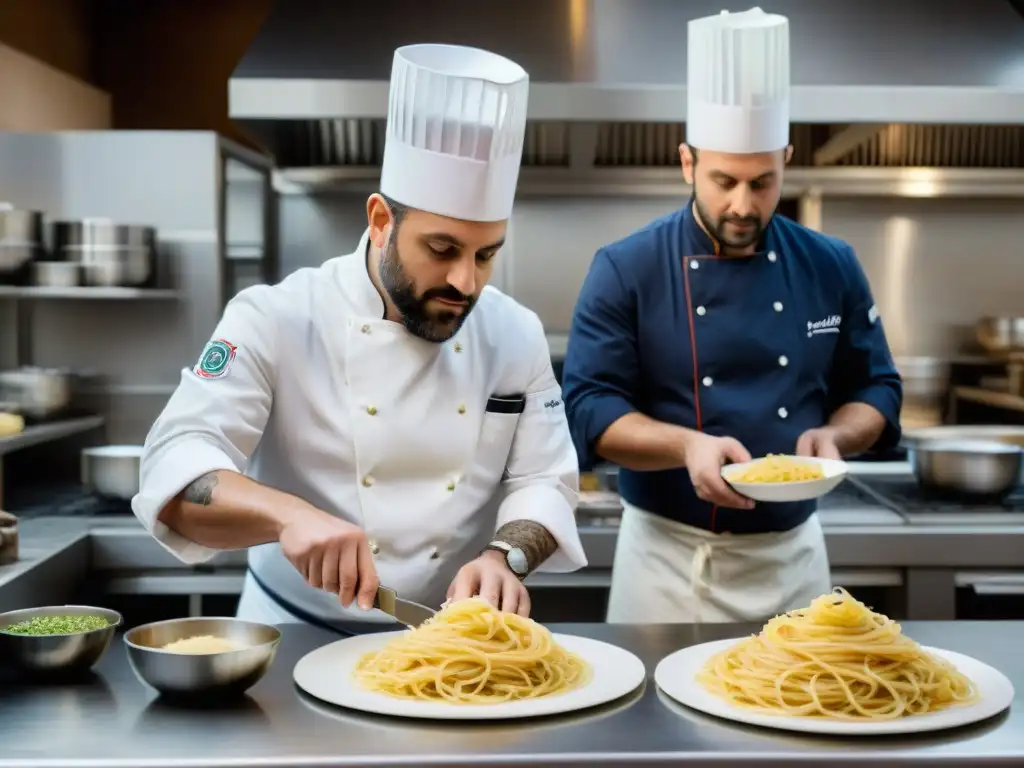 Dos chefs franceses e italianos colaboran en una cocina industrial, fusionando técnicas culinarias