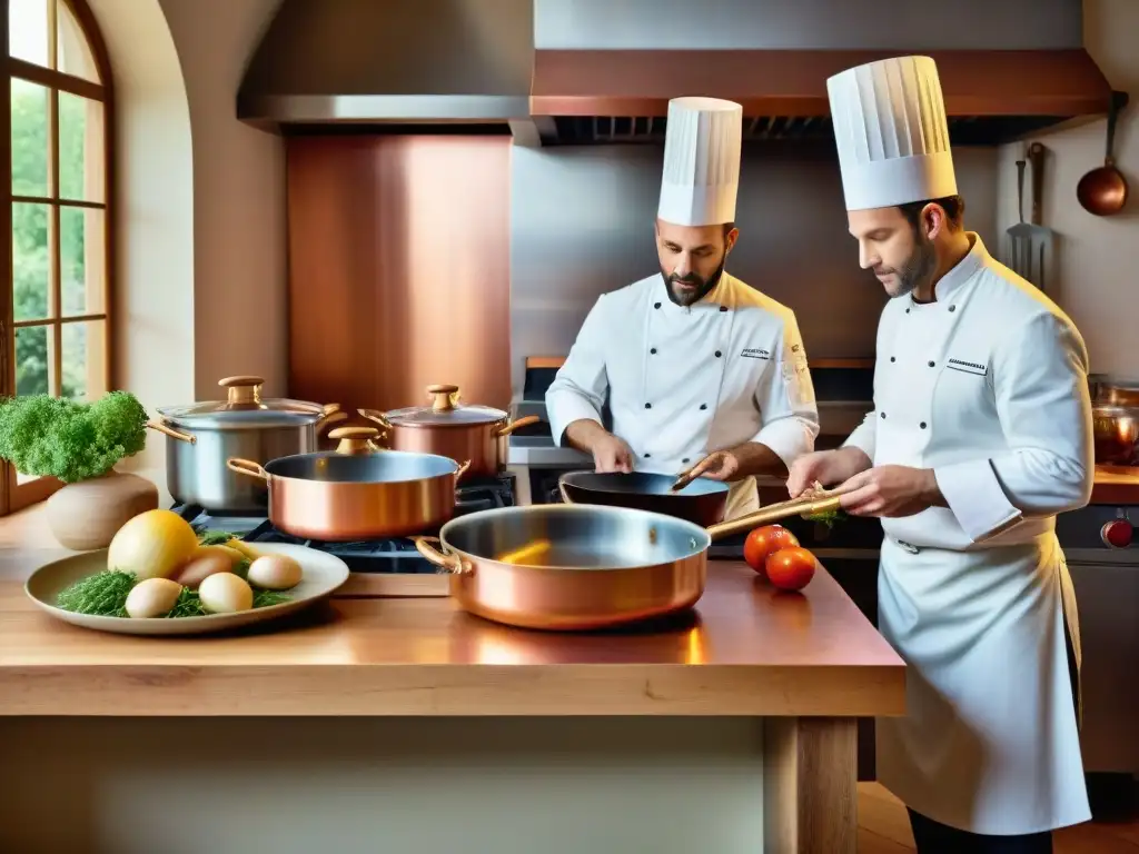 Chefs franceses preparando platos en una cocina histórica, reflejando innovaciones culinarias en gastronomía francesa