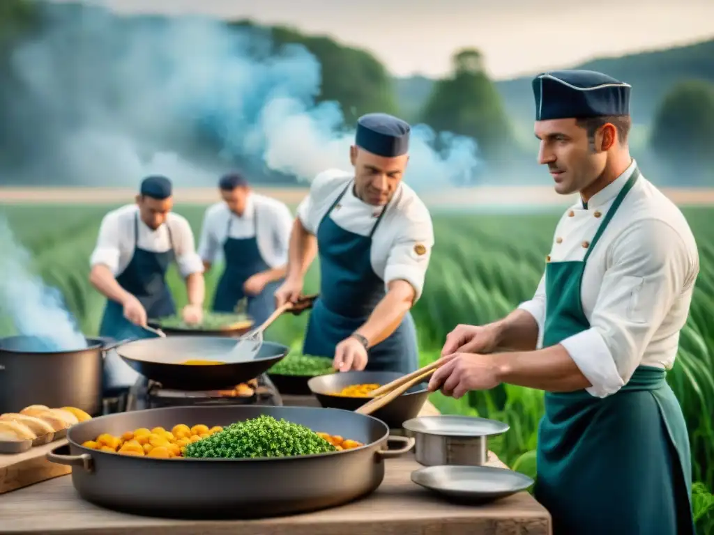 Chefs franceses en uniformes militares cocinando en campo de guerra, reflejando la influencia de las guerras en la formación culinaria francesa