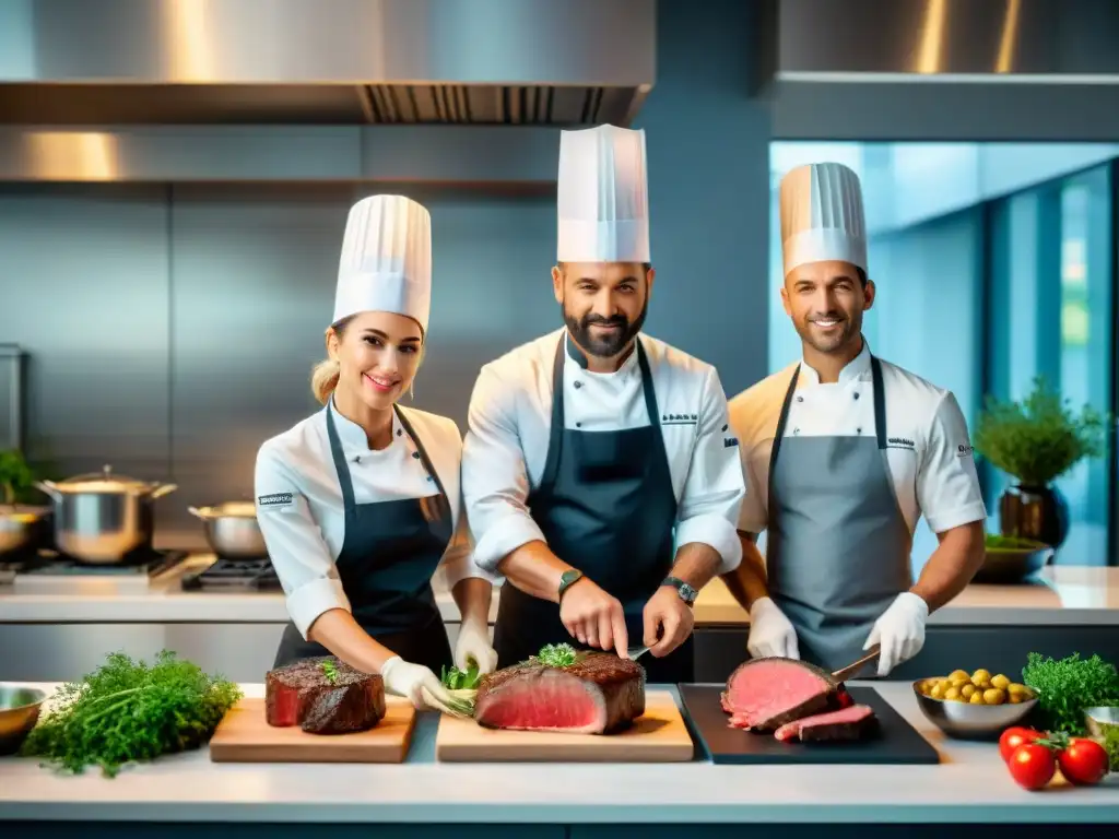 Dos chefs preparan Chateaubriand y Filet Mignon con maestría en una cocina profesional