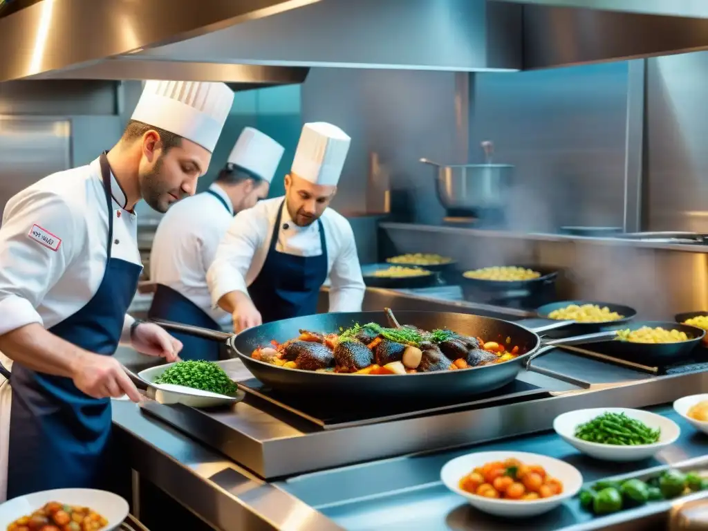 Chefs preparando platillos franceses en restaurante bullicioso