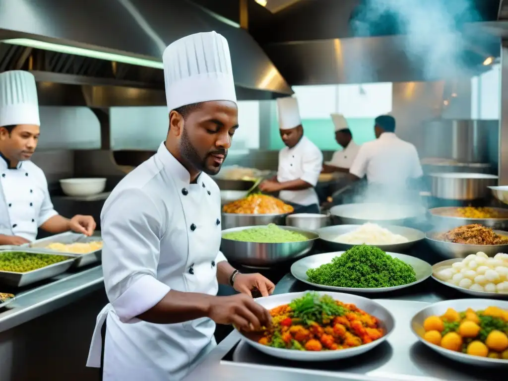 Chefs preparando platos icónicos de Gastronomía francesa en una cocina de Guadalupe