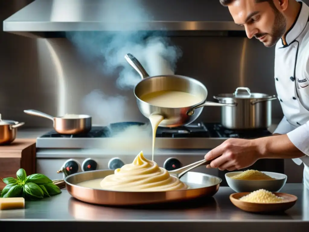 Dos chefs preparan salsas hermanadas Béchamel y Alfredo en una cocina profesional, resaltando sus diferencias y similitudes