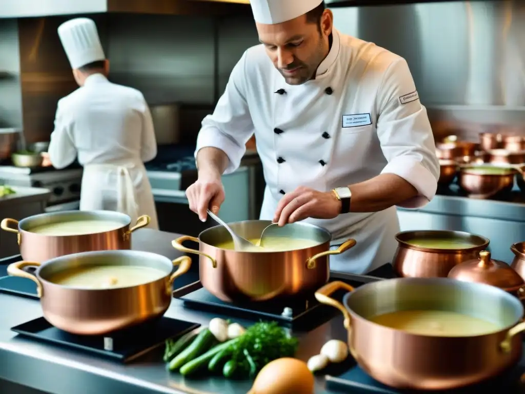 Chefs preparando sopas clásicas francesas en cocina tradicional: Origen sopa clásica francesa