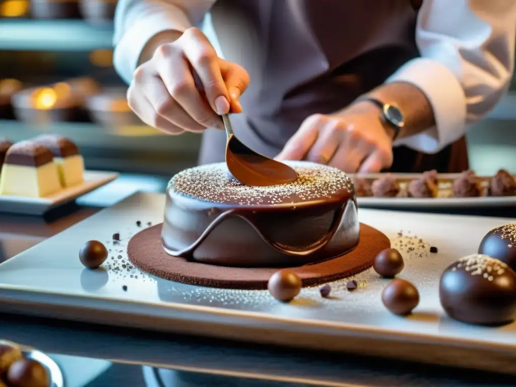 Un chocolatero experto decora con destreza un postre francés de chocolate en un curso de chocolate francés gastronomía