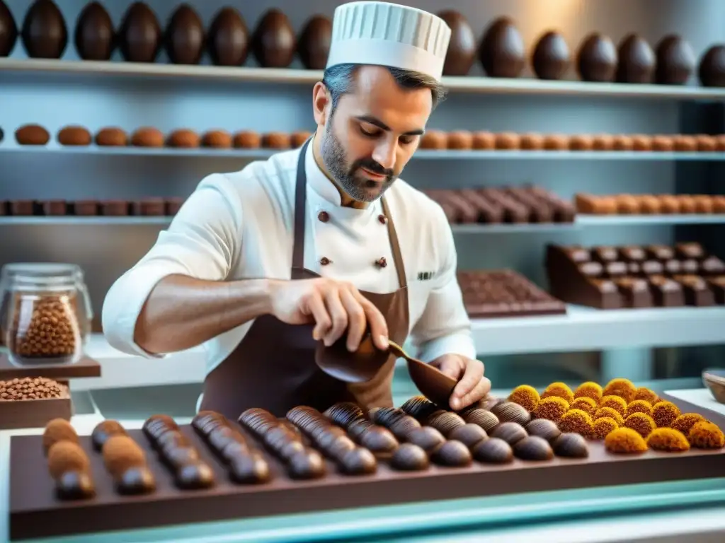 Chocolatero experto talla esculturas de chocolate en el Festival del Chocolate de Bayona, envuelto en detalle y pasión por la gastronomía