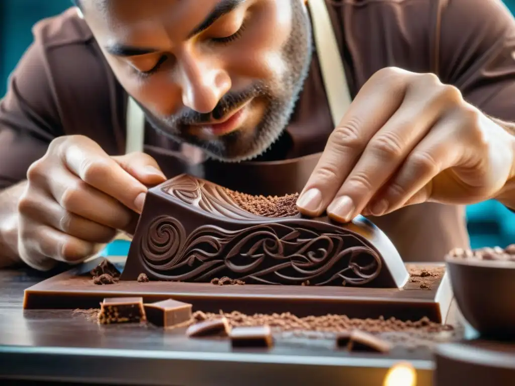 Un chocolatero experto talla con precisión un bloque de chocolate oscuro, mostrando técnicas tallado chocolate deliciosas