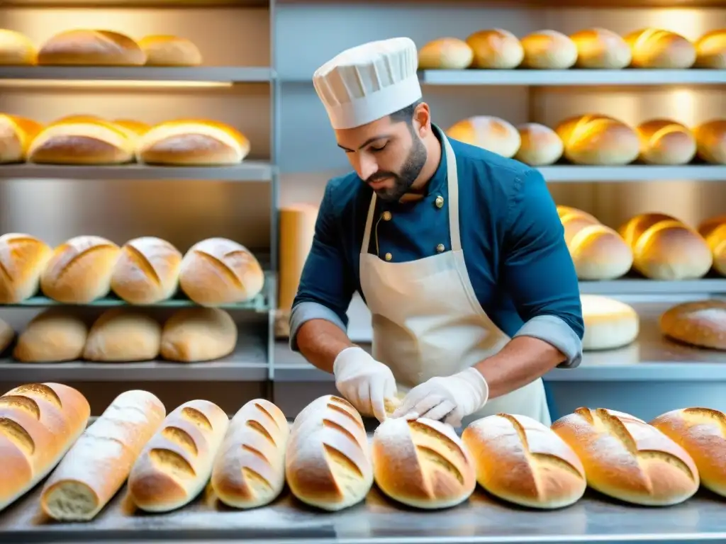 Baker francés moldeando ciabattas con influencia italiana en panificación francesa